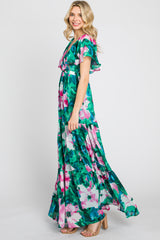 Dark Teal Floral Chiffon Deep V Flutter Sleeve Maxi Dress