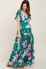 Dark Teal Floral Chiffon Deep V Flutter Sleeve Maternity Maxi Dress