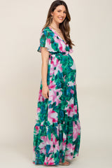 Dark Teal Floral Chiffon Deep V Flutter Sleeve Maternity Maxi Dress