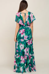 Dark Teal Floral Chiffon Deep V Flutter Sleeve Maternity Maxi Dress