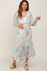 Aqua Floral Chiffon Ruffle Hem Maternity Cover-Up