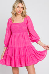 Fuchsia Gingham Textured Tiered Dress