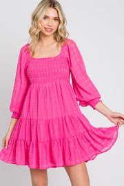 Fuchsia Gingham Textured Tiered Dress