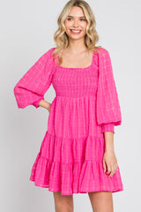 Fuchsia Gingham Textured Tiered Dress