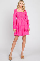 Fuchsia Gingham Textured Tiered Dress