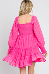 Fuchsia Gingham Textured Tiered Dress