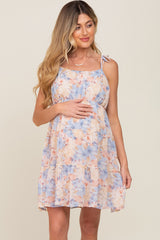 Blue Floral Chiffon Tie Strap Ruffle Tiered Maternity Dress