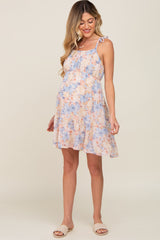 Blue Floral Chiffon Tie Strap Ruffle Tiered Maternity Dress