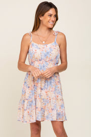 Blue Floral Chiffon Tie Strap Ruffle Tiered Dress