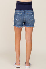 Medium Blue Distressed Fringe Hem Maternity Jean Shorts