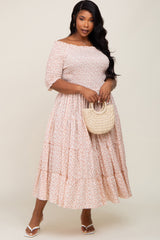 Ivory Ditsy Smocked Tiered Off Shoulder Plus Midi Dress