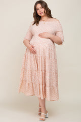 Ivory Ditsy Smocked Tiered Off Shoulder Maternity Plus Midi Dress