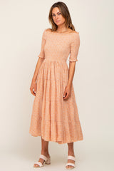 Peach Ditsy Smocked Tiered Off Shoulder Maternity Midi Dress