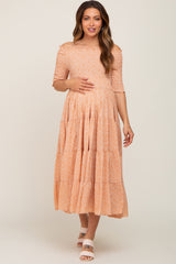 Peach Ditsy Smocked Tiered Off Shoulder Maternity Midi Dress