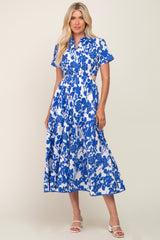 Royal Blue Floral Collared Short Sleeve Side Cutout Maternity Midi Dress