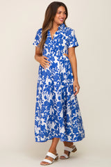 Royal Blue Floral Collared Short Sleeve Side Cutout Maternity Midi Dress