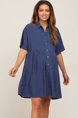 Navy Buttondown Short Sleeve Maternity Dress