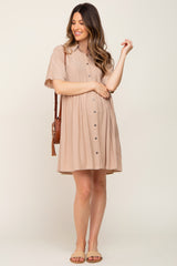 Taupe Buttondown Short Sleeve Maternity Dress