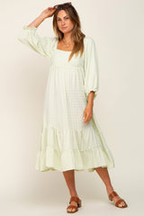 Light Green Striped 3/4 Cinched Sleeve Tiered Maternity Midi Dress