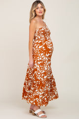 Rust Floral Smocked One Shoulder Maternity Dress