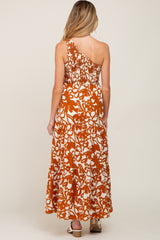 Rust Floral Smocked One Shoulder Maternity Dress