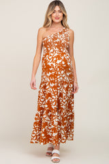 Rust Floral Smocked One Shoulder Maternity Dress