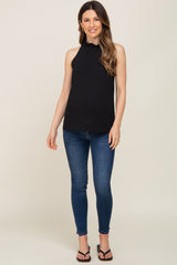 Black Ruffle Mock Neck Maternity Sleeveless Top