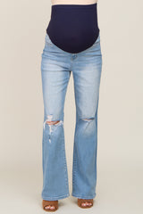 Blue Distressed Exposed Knee Maternity Flare Jeans