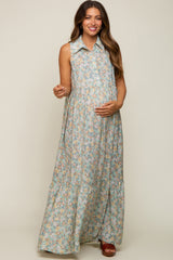 Mint Green Floral Collared Maternity Maxi Dress