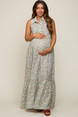 Mint Green Floral Collared Maternity Maxi Dress