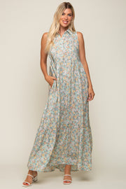 Mint Green Floral Collared Maxi Dress