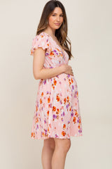 Pink Floral Pleated V-Neck Short Sleeve Maternity Dress