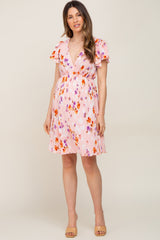 Pink Floral Pleated V-Neck Short Sleeve Maternity Dress