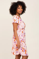 Pink Floral Pleated V-Neck Short Sleeve Dress