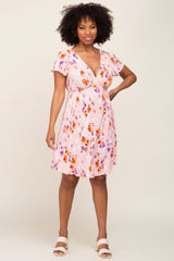 Pink Floral Pleated V-Neck Short Sleeve Maternity Dress