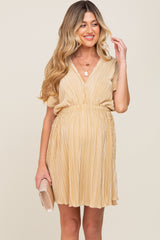 Gold Pleated V-Neck Maternity Dress