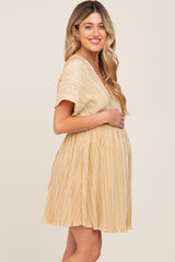 Gold Pleated V-Neck Maternity Dress