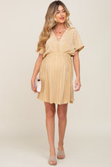 Gold Pleated V-Neck Maternity Dress