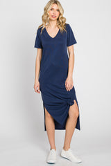 Navy V-Neck Short Sleeve Side Slit Midi Dress