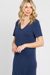 Navy V-Neck Short Sleeve Side Slit Midi Dress