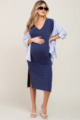 Navy V-Neck Short Sleeve Side Slit Maternity Midi Dress