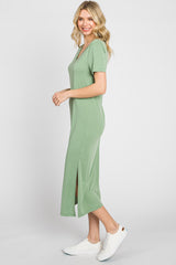 Sage V-Neck Short Sleeve Side Slit Midi Dress