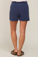 Navy Washed Cuffed Pocketed Maternity Shorts