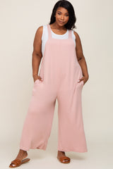 Light Pink Ribbed Plus Wide Leg Jumpsuit