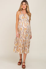 Camel Printed Sleeveless Front Cutout Maternity Midi Dress