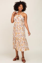 Camel Printed Sleeveless Front Cutout Midi Dress