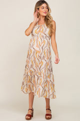 Camel Printed Sleeveless Front Cutout Maternity Midi Dress