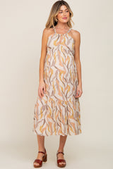 Camel Printed Sleeveless Front Cutout Maternity Midi Dress