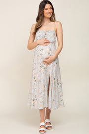 Light Sage Floral Sleeveless Front Tie Side Slit Maternity Midi Dress