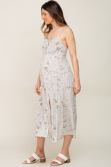 Light Sage Floral Sleeveless Front Tie Side Slit Maternity Midi Dress